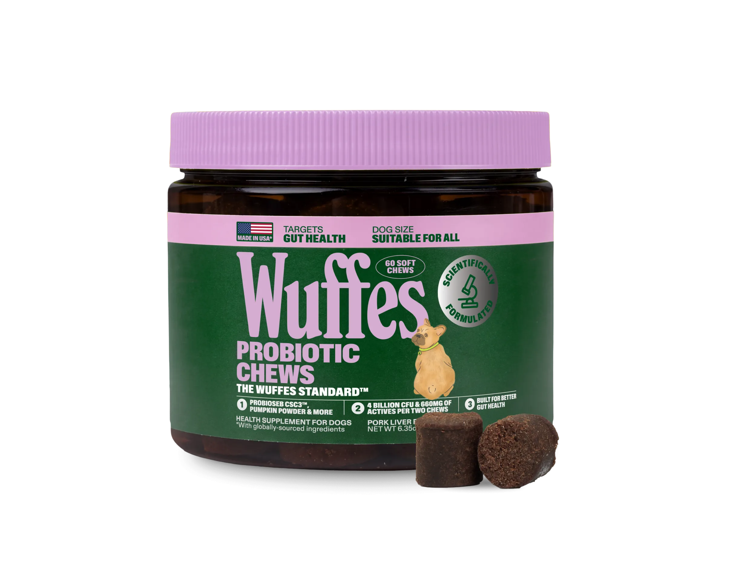 A dark amber jar of Wuffes Probiotic Chews for dogs with a pink lid, labelled for gut health and suitable for all dog sizes, 60 soft chews, showing an illustrated tan dog, two soft brown chews beside it