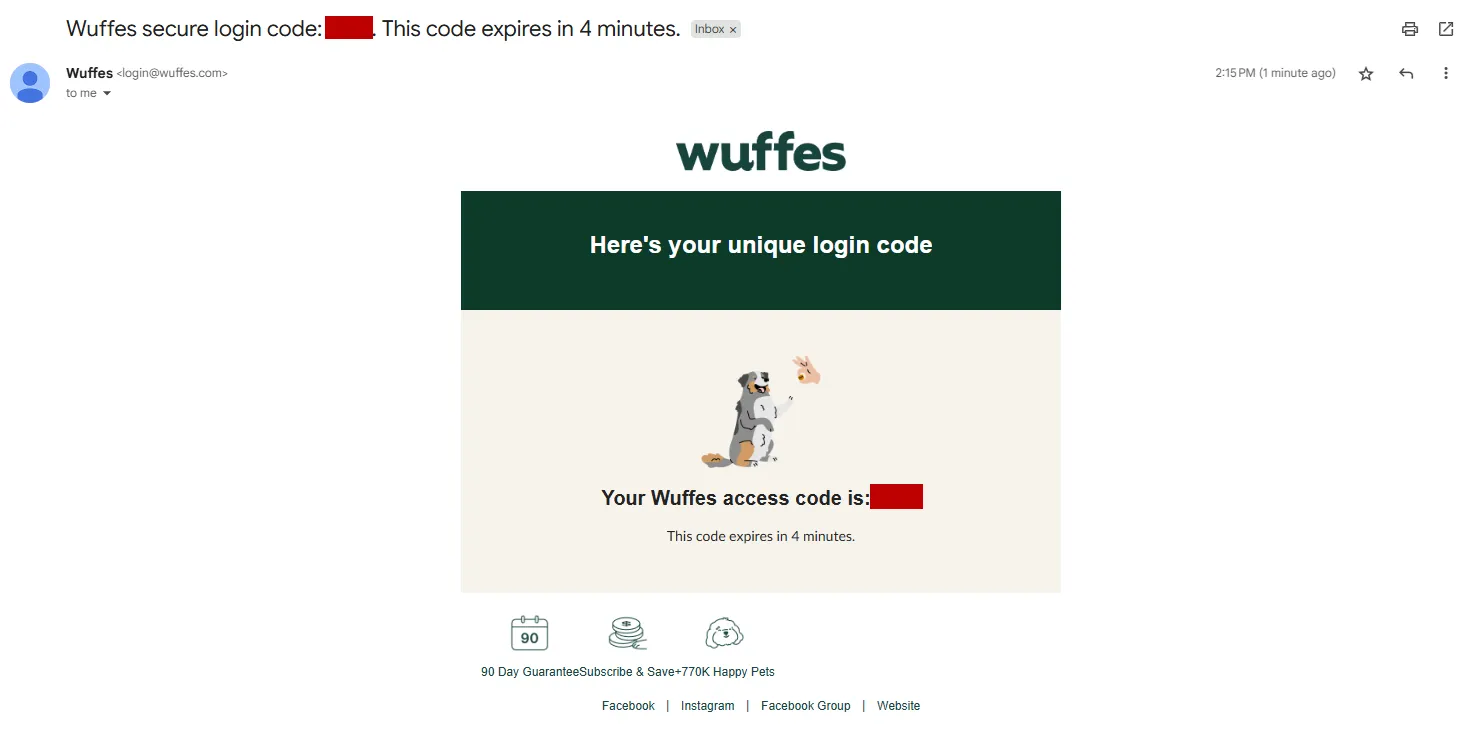 The “Wuffes secure login code” email in an inbox, with the code itself blanked out