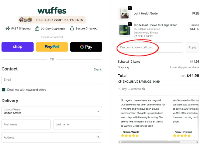 The Wuffes checkout with the “Discount code or gift card” field circled in the order summary