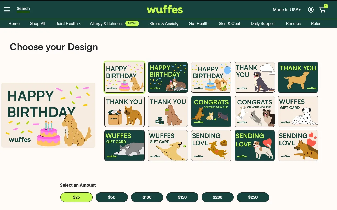The digital gift card page’s “Choose your Design” picker with the gift card amount buttons below