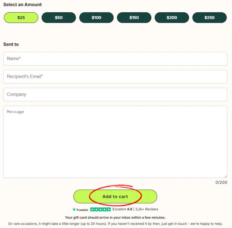 The gift card amount buttons and recipient form — name, email, company and message — with Add to cart circled