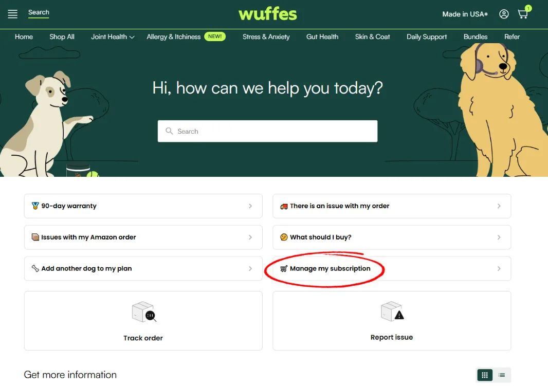 The Wuffes Help Center home page with the “Manage my subscription” tile circled