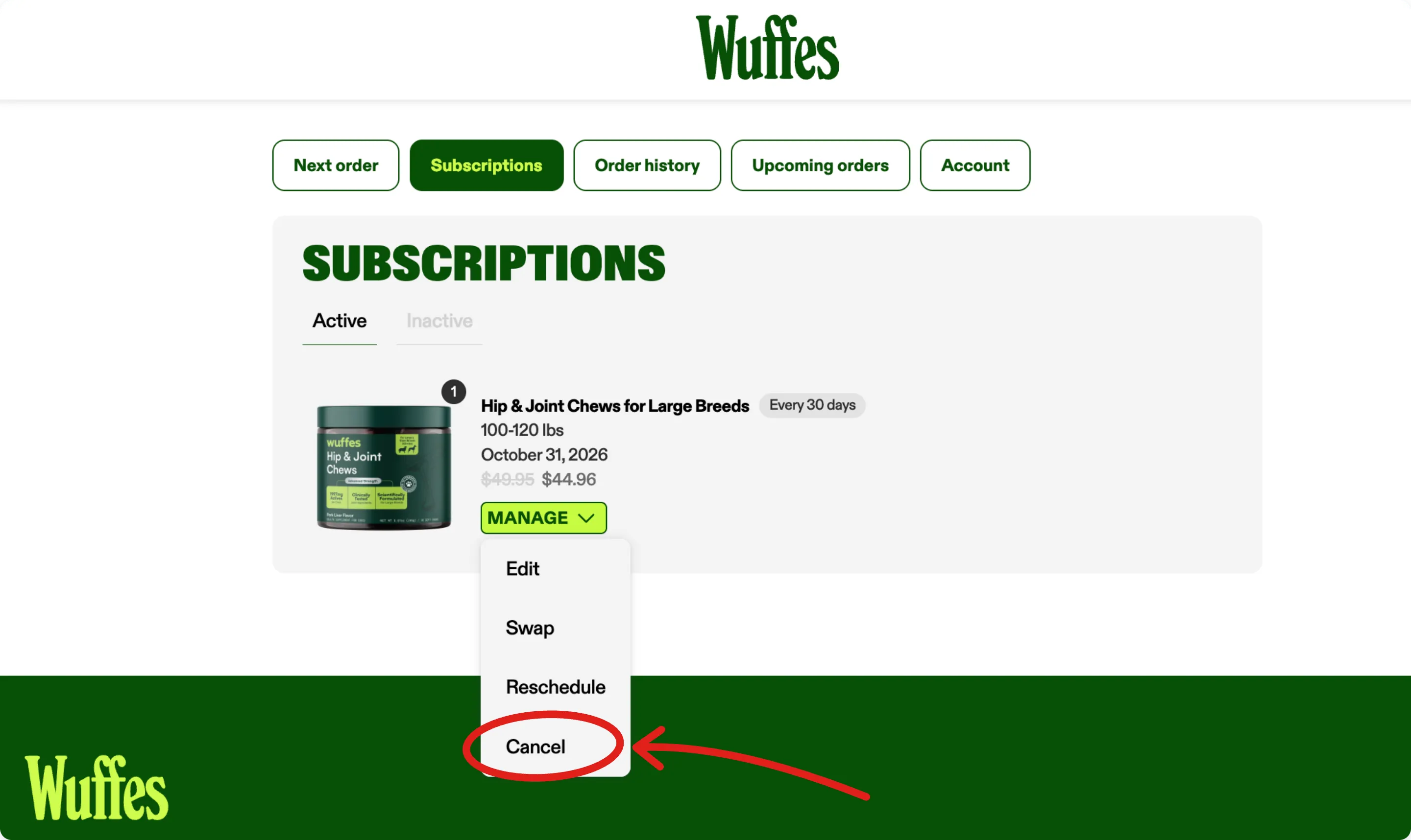 A subscription’s Manage menu open on Edit, Swap, Reschedule and Cancel, with Cancel circled