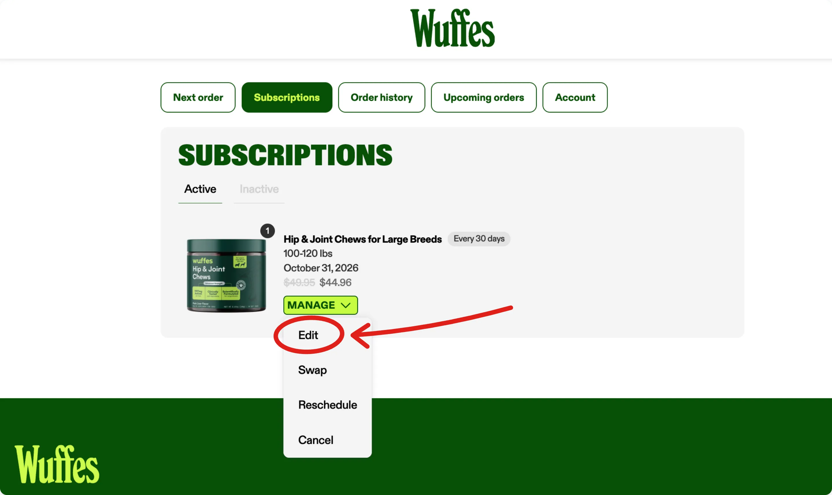 A subscription’s Manage menu open on Edit, Swap, Reschedule and Cancel, with Edit circled