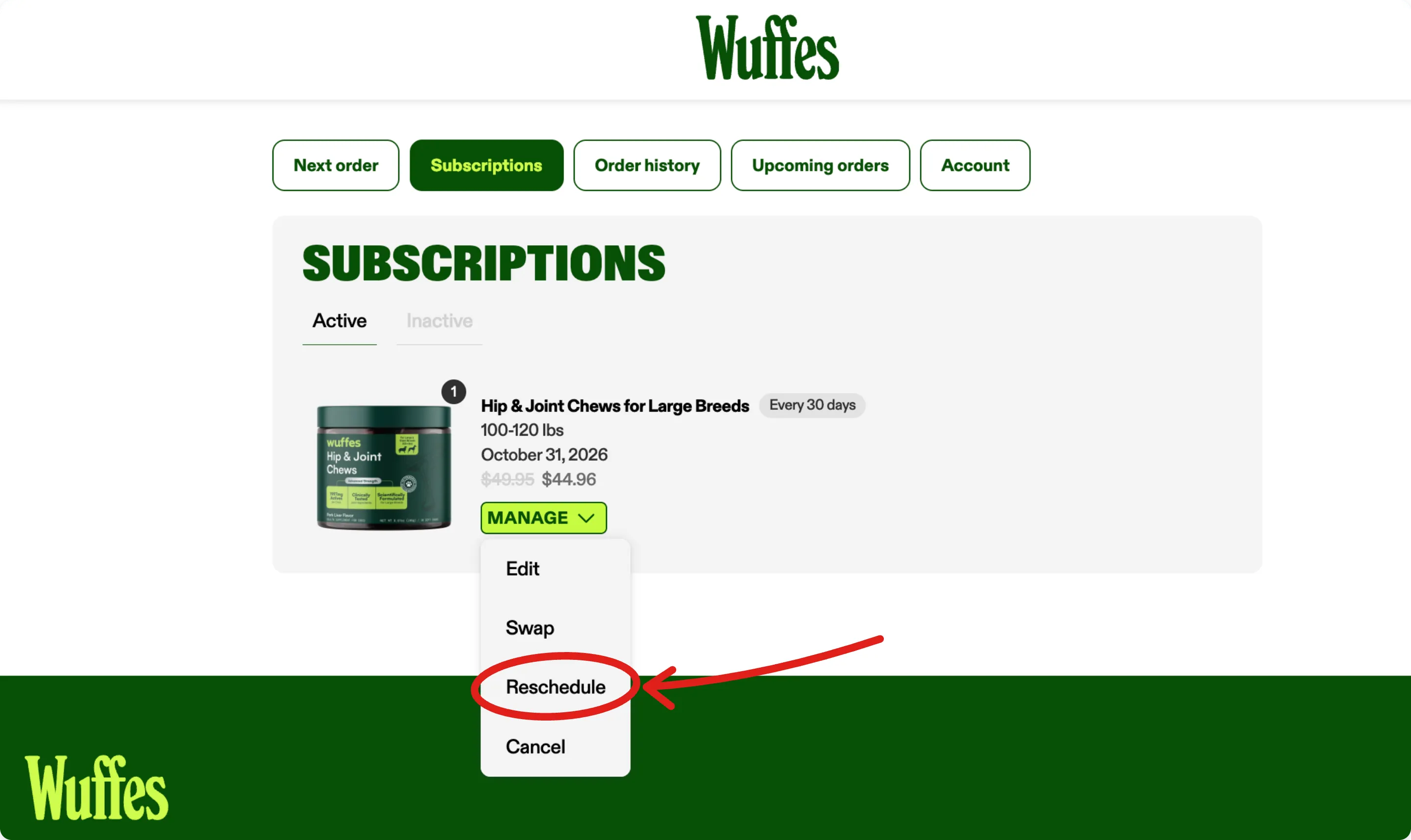 A subscription’s Manage menu open on Edit, Swap, Reschedule and Cancel, with Reschedule circled