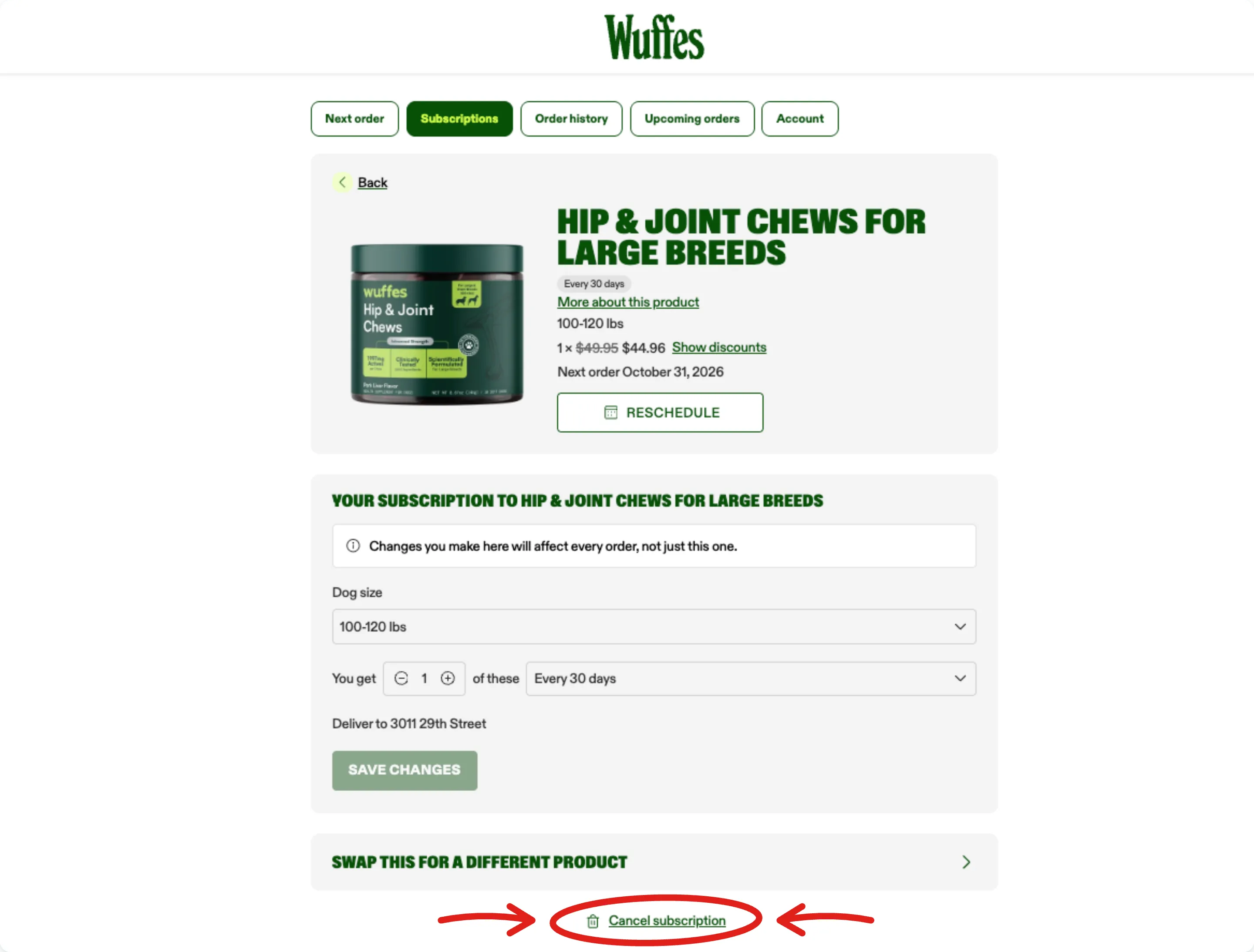 A subscription’s edit page with arrows pointing to the Cancel subscription link, circled, at the bottom