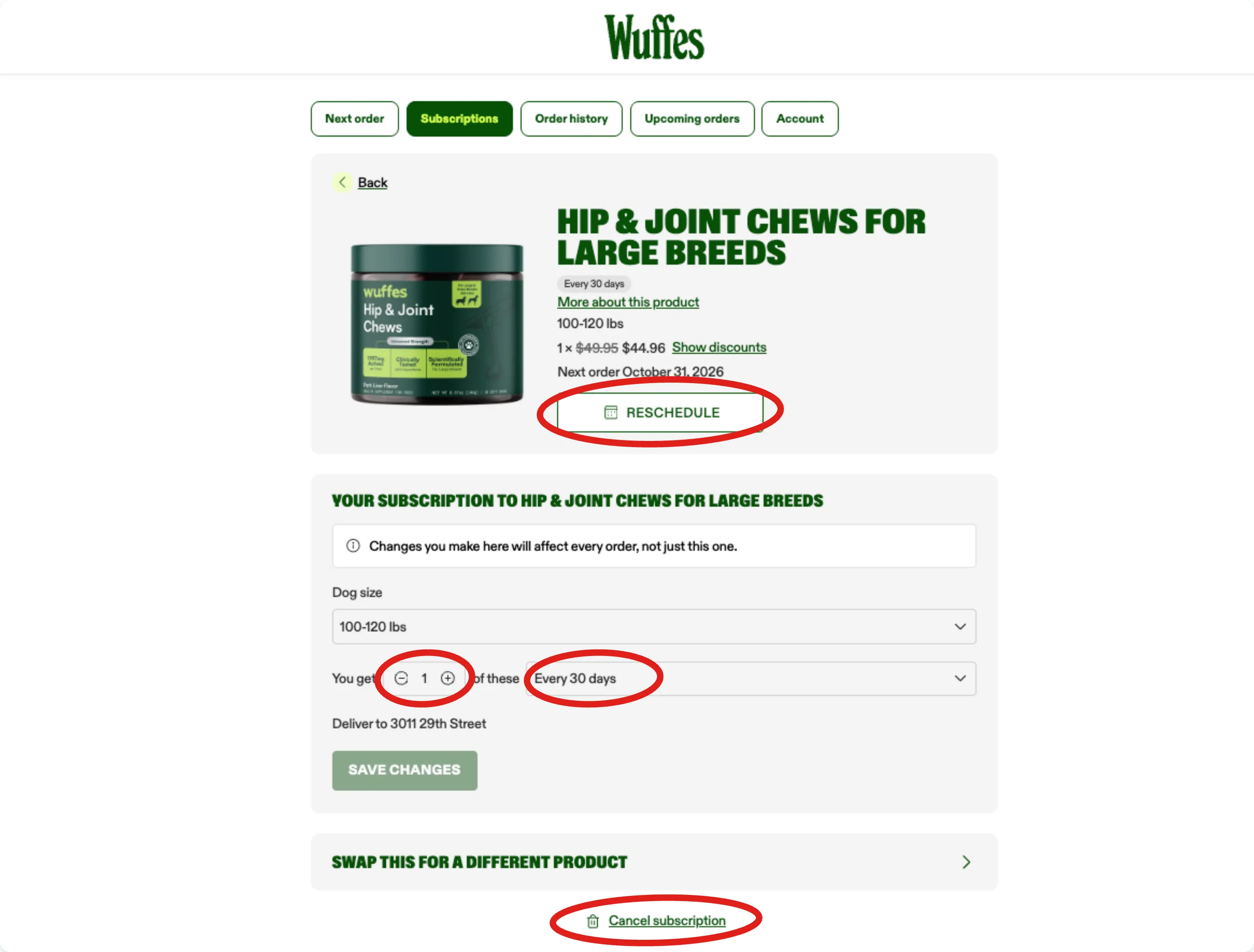 A subscription’s edit page with the Reschedule button, the quantity stepper, the delivery frequency dropdown and the Cancel subscription link circled