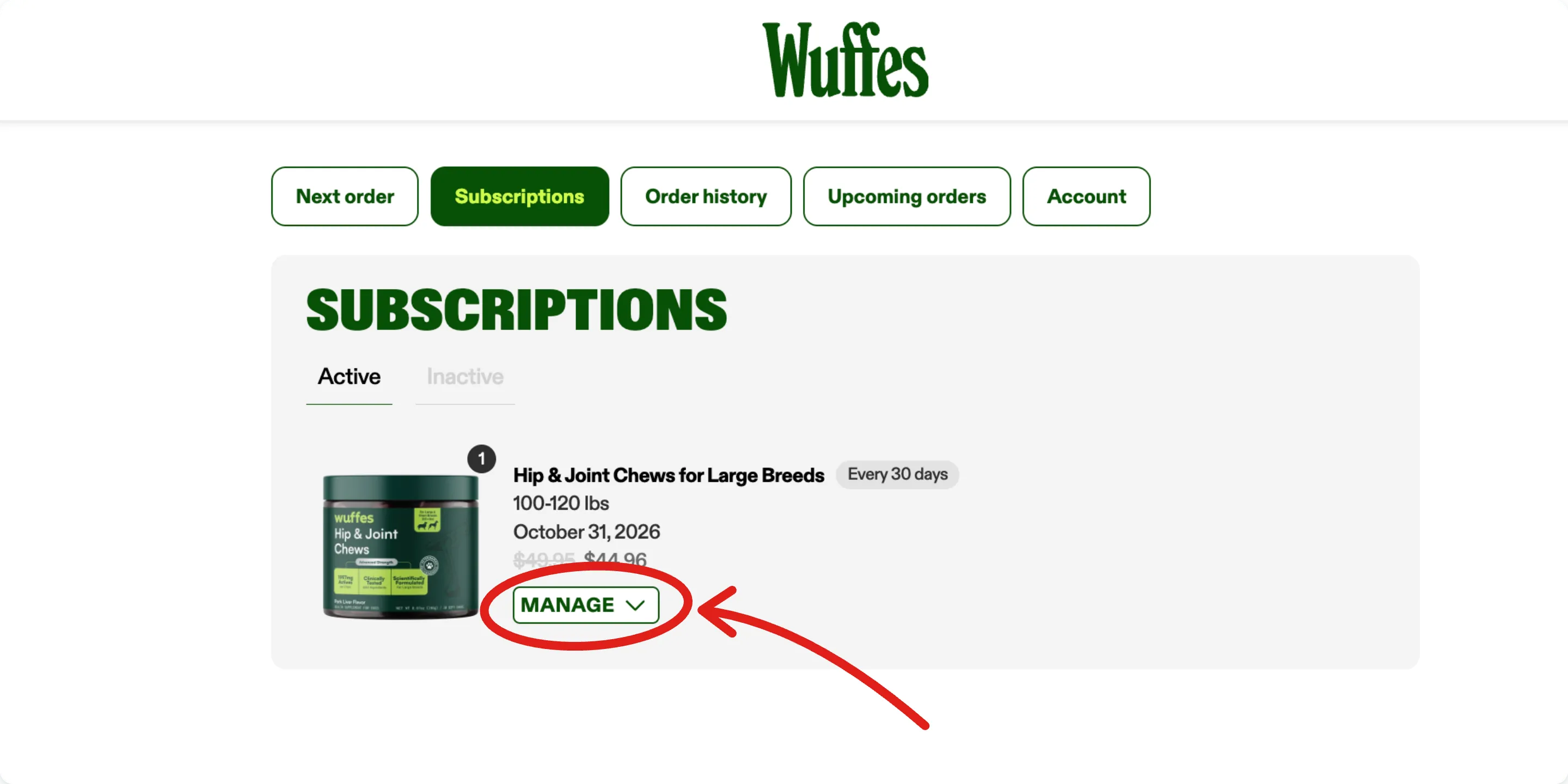 The Subscriptions tab showing an active Hip & Joint Chews subscription, with an arrow pointing to its Manage button, circled