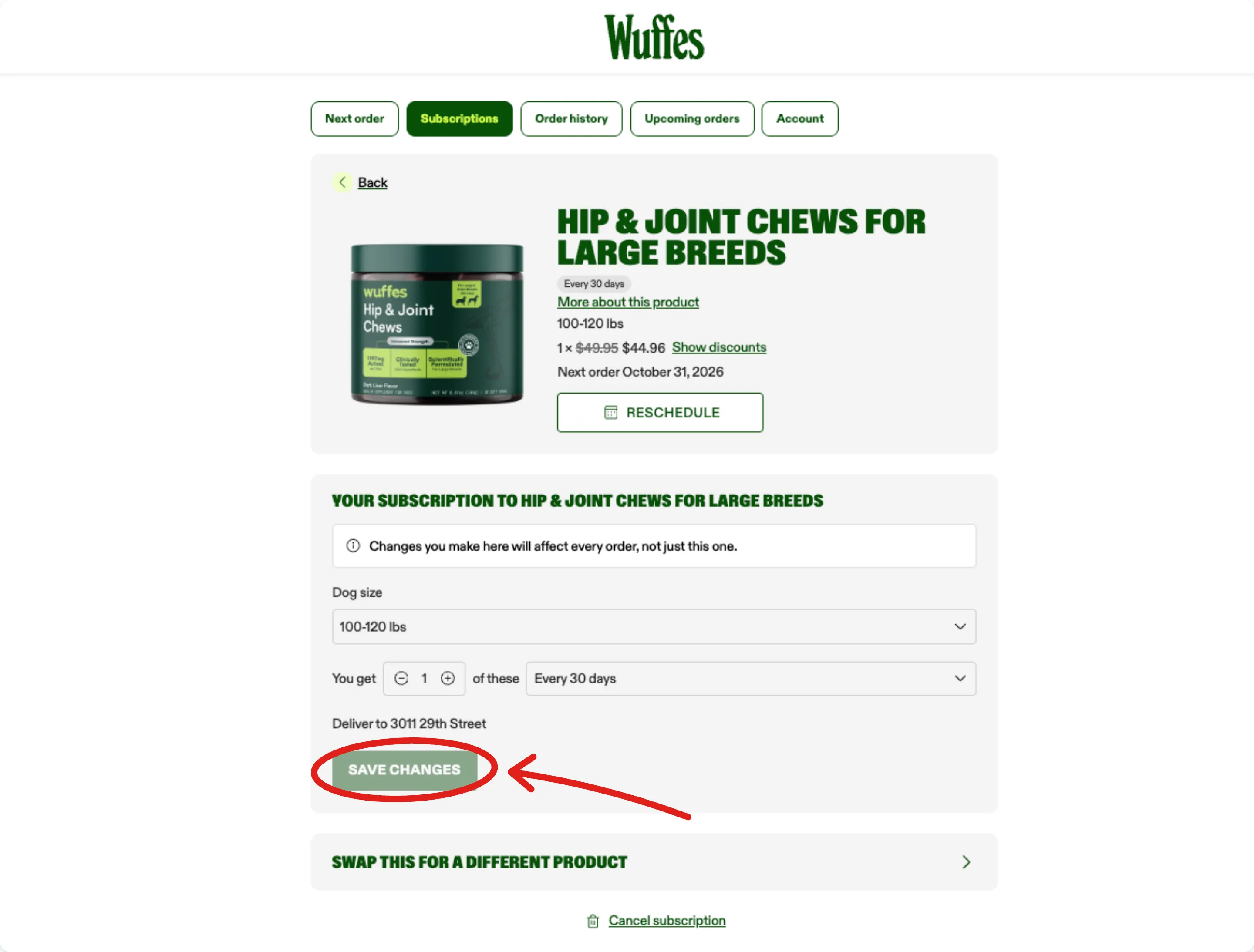 A subscription’s edit page with an arrow pointing to the Save changes button, circled