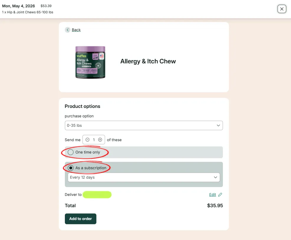 Adding Allergy & Itch Chews to an upcoming order, with the One time only and As a subscription options circled