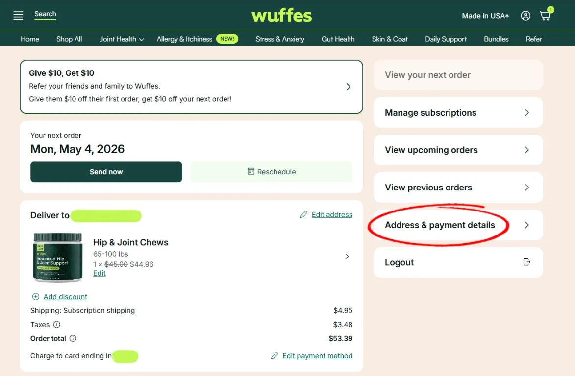 The account menu with Address & payment details circled