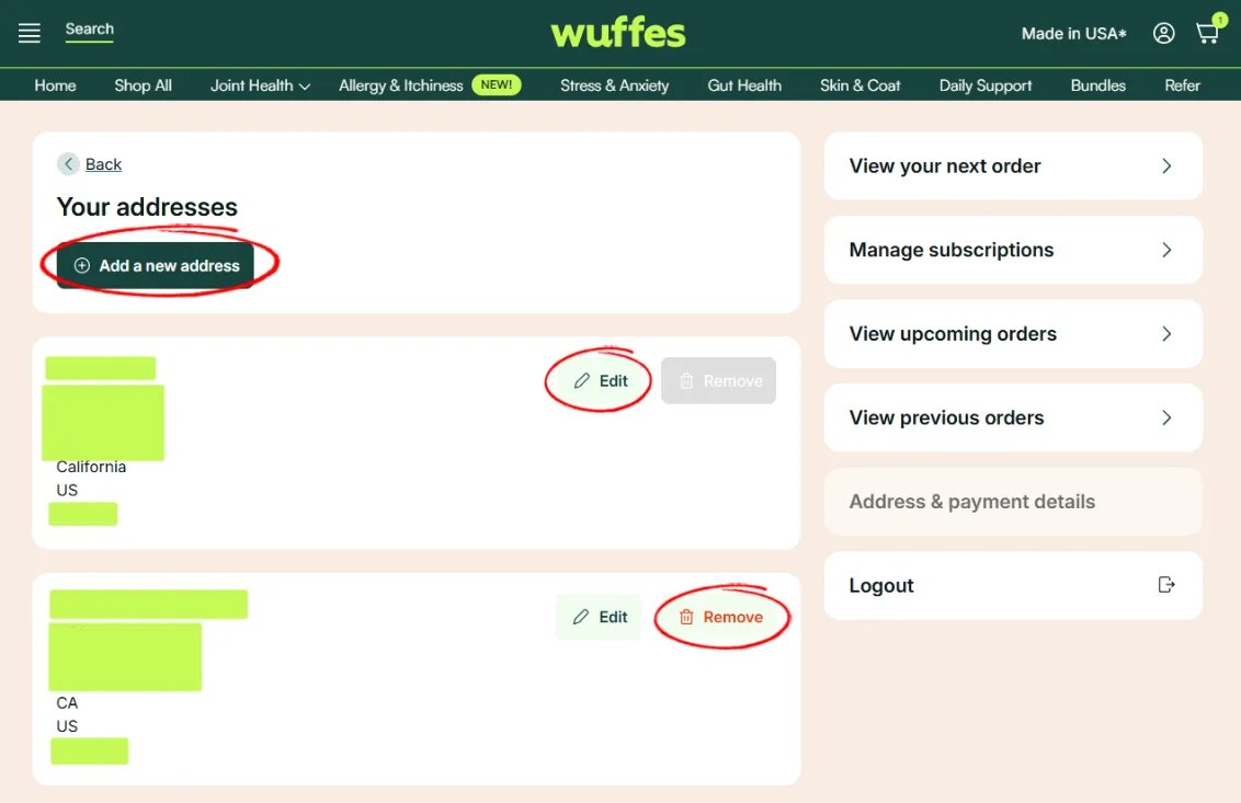 The Your addresses page with Add a new address, Edit and Remove circled
