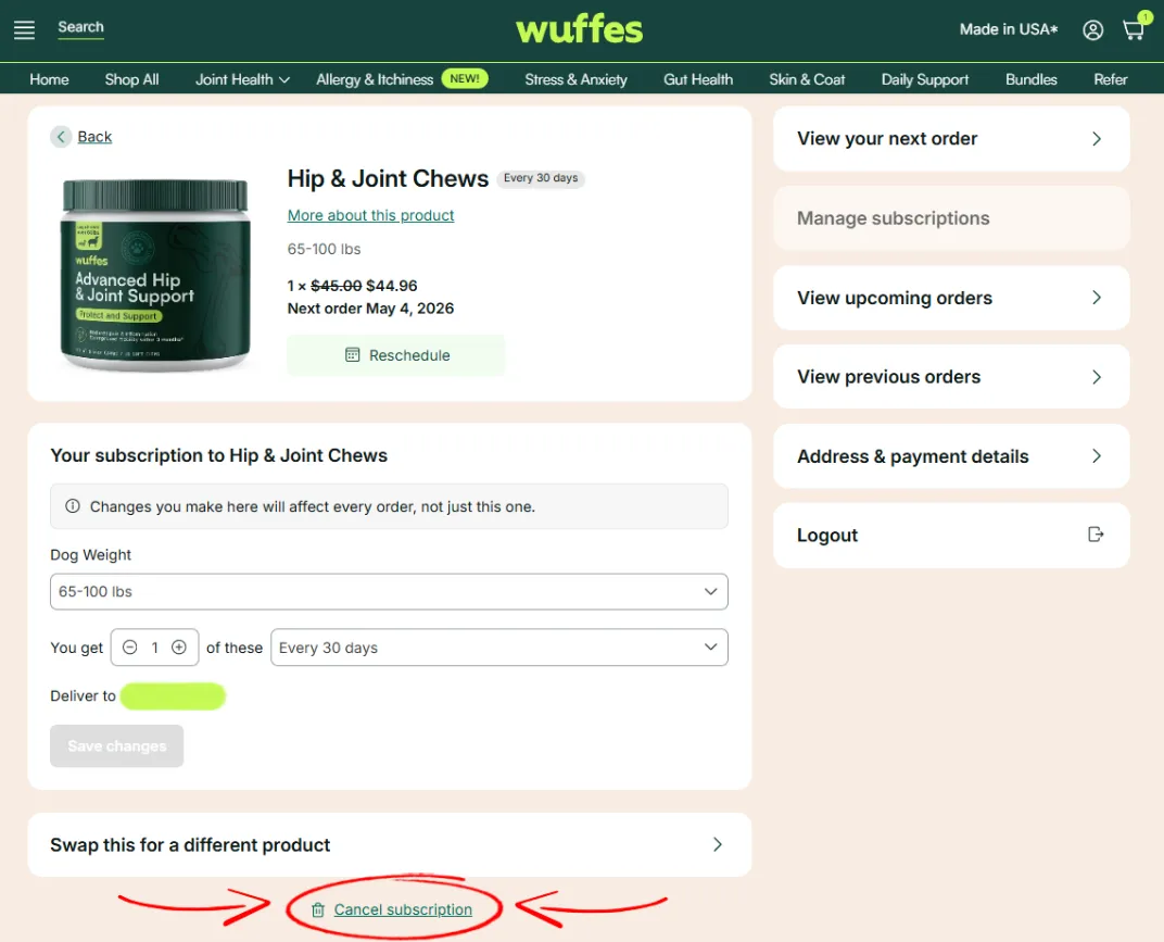 A subscription’s settings page with arrows pointing to the Cancel subscription link at the bottom
