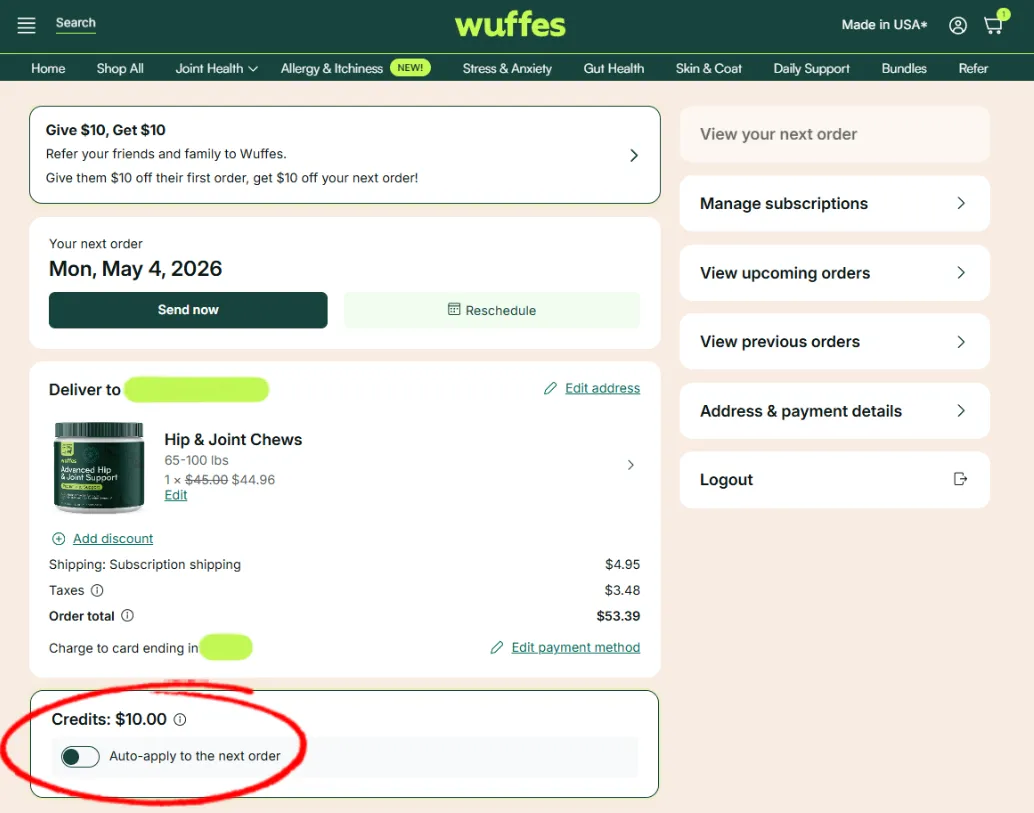 The subscription portal overview with the Credits balance and its “Auto-apply to the next order” toggle circled