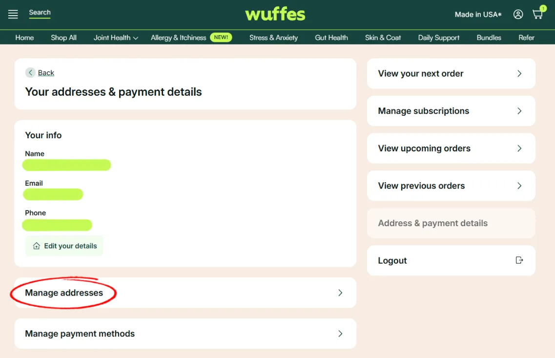 The Your addresses & payment details page with Manage addresses circled