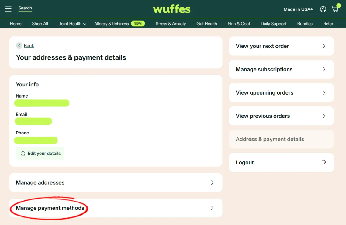 The Your addresses & payment details page with Manage payment methods circled