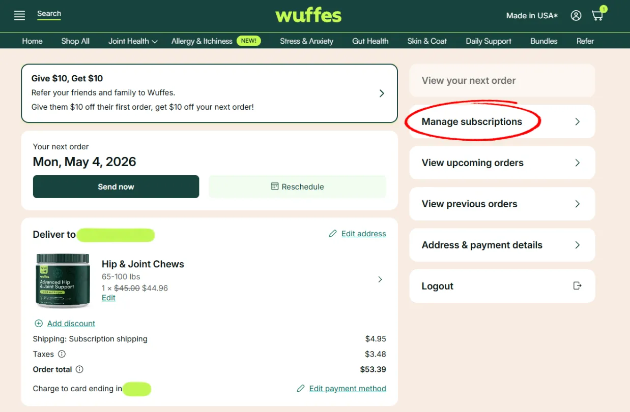 The subscription portal overview with Manage subscriptions circled in the account menu