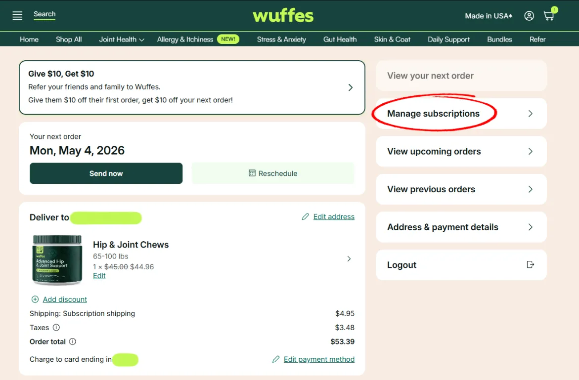 The account menu with Manage subscriptions circled, beside the next order summary