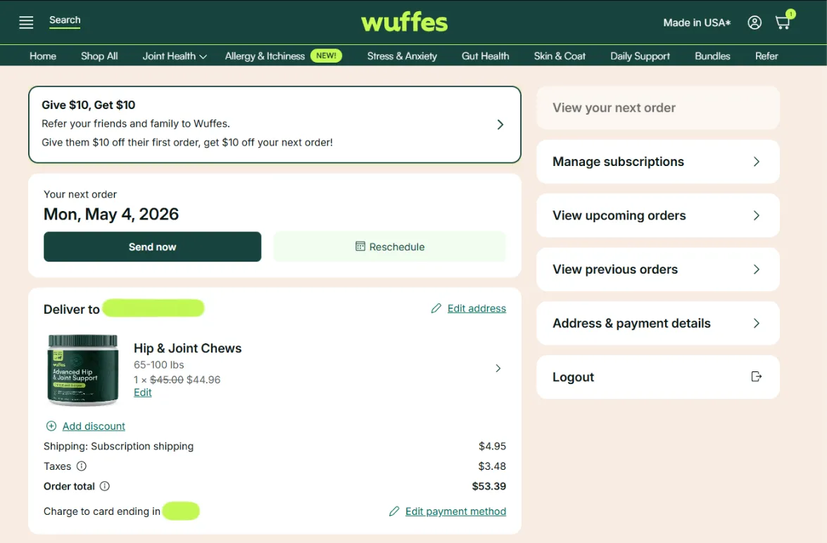 The subscription portal overview: the next order date, the delivery and order summary, and the account menu