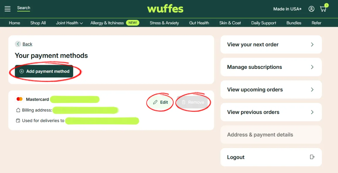 The Your payment methods page with Add payment method, Edit and Remove circled
