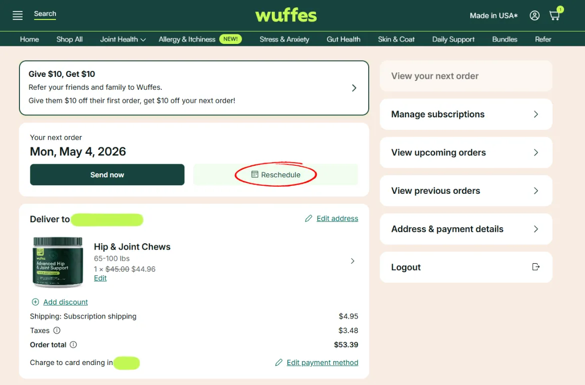 The next order card in the subscription portal with the Reschedule button circled