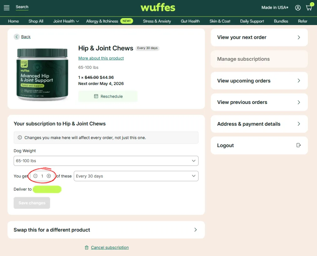 A subscription’s settings page with the quantity stepper circled