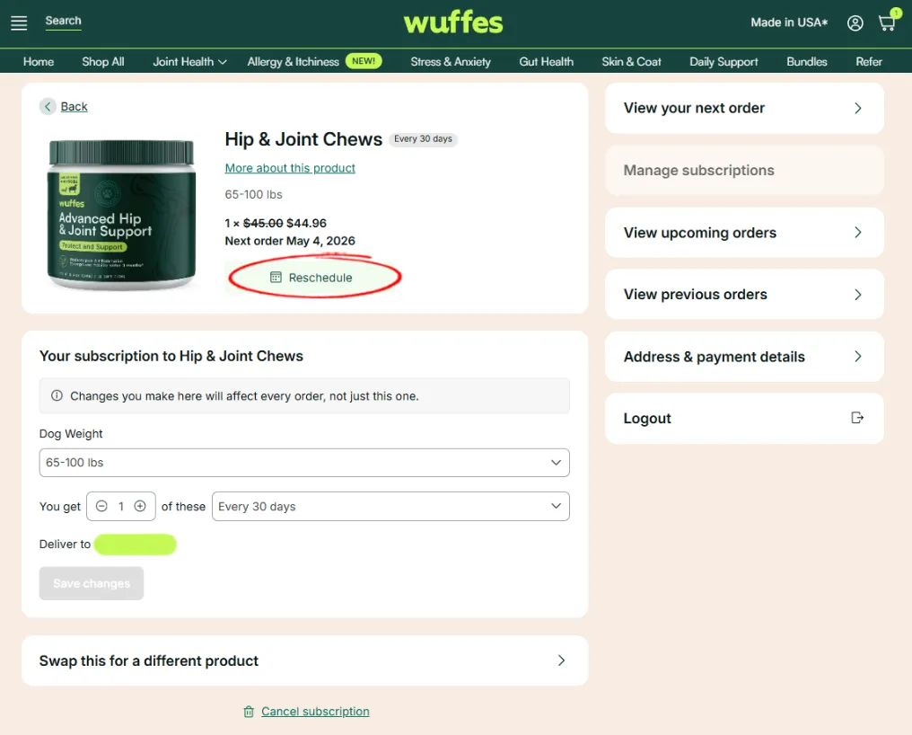 A subscription’s settings page with the Reschedule button circled under the product