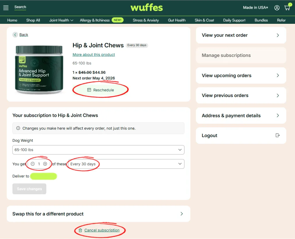 A subscription’s settings page with Reschedule, the quantity stepper, the delivery frequency and Cancel subscription circled