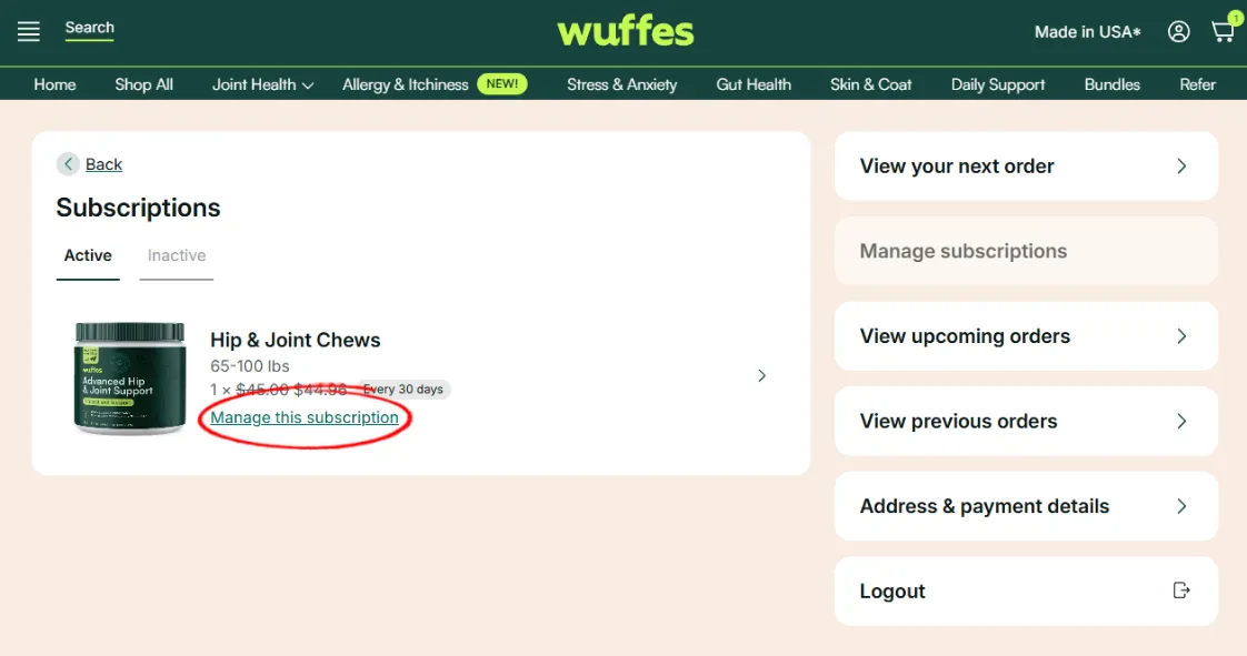 The Active subscriptions list with the “Manage this subscription” link circled