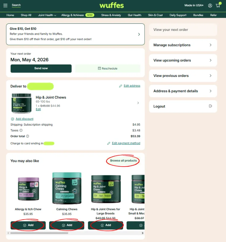 The subscription portal’s “You may also like” row with Browse all products and each product’s Add button circled