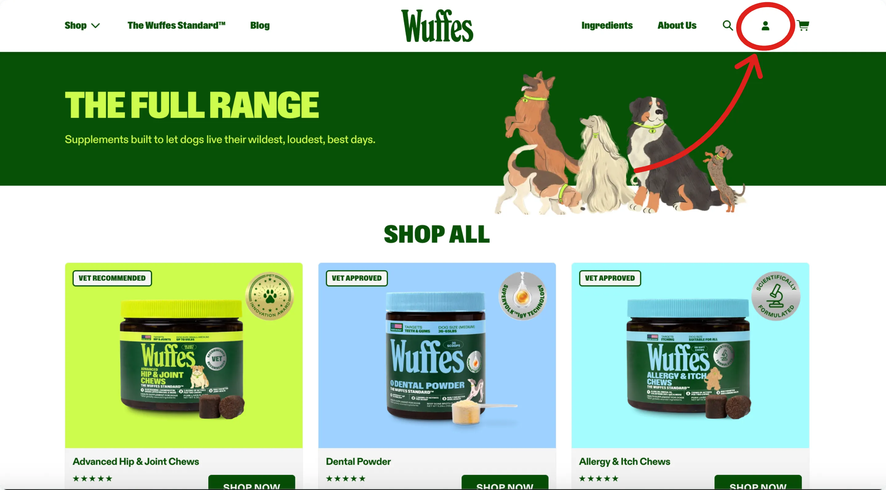 The Wuffes Shop All page with an arrow pointing to the account icon, circled, at the top right of the header between search and the cart