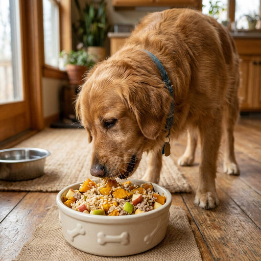 Dog eating fiber-rich foods from dog bowl inside as natural remedies to dog diarrhea