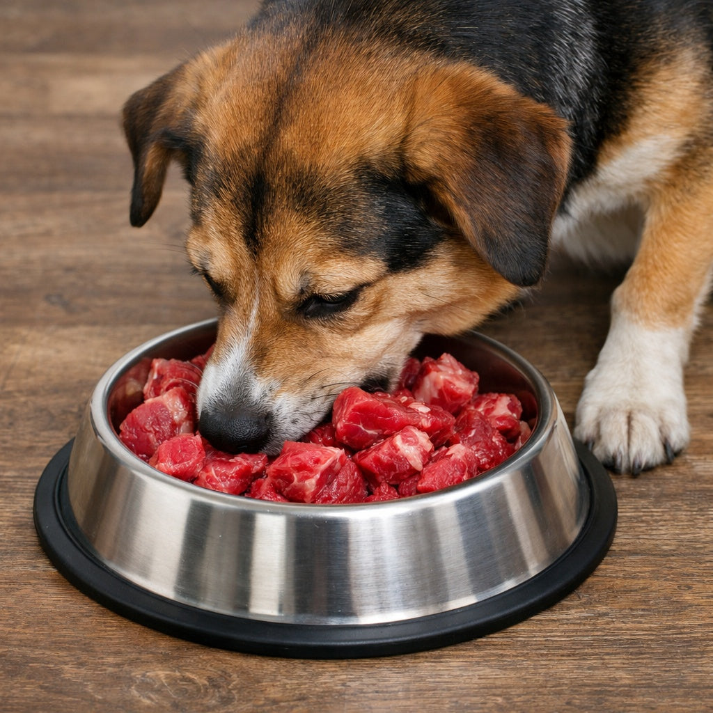 Dog eating red meat for zinc deficiency in dogs