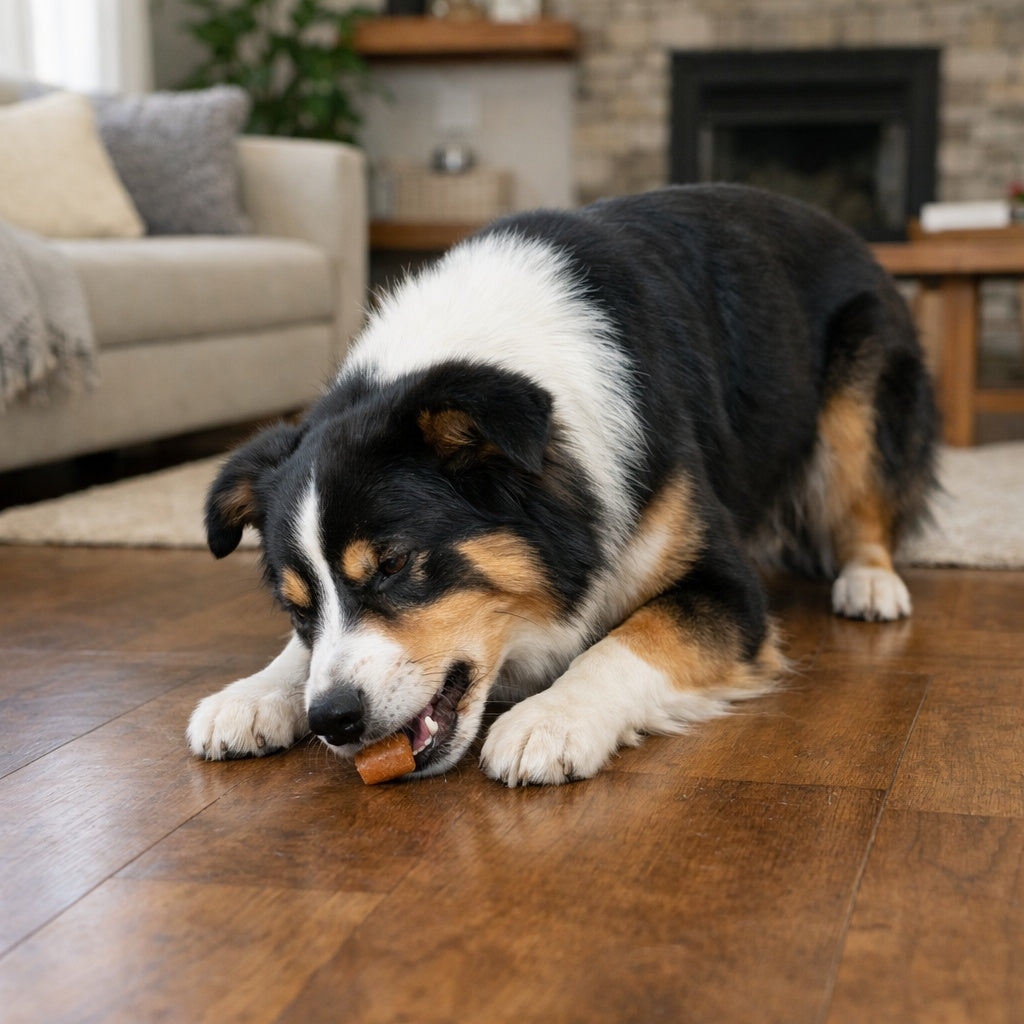 Dog eating soft chew supplement inside the house on the floor.