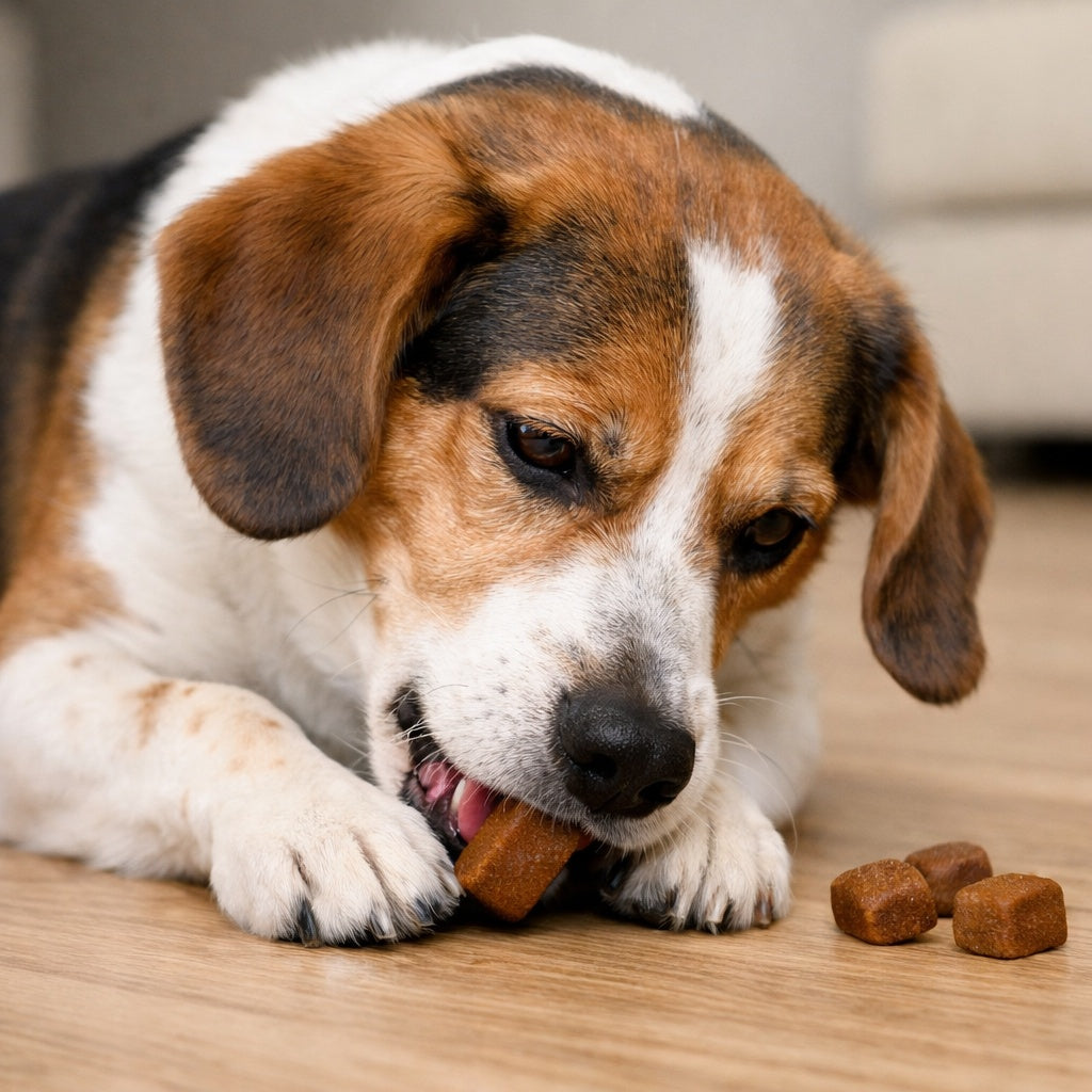 Dog chewing soft chews inside and eating more than one to increase dog joint dosage