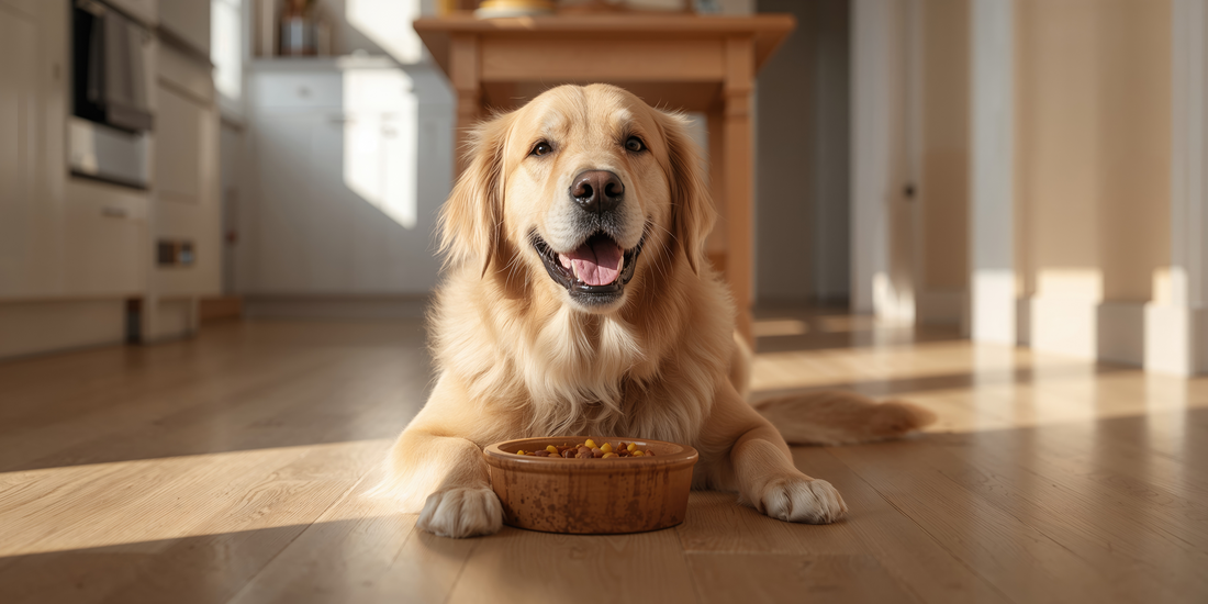 Golden with wooden dog bowl sat inside on wooden floors