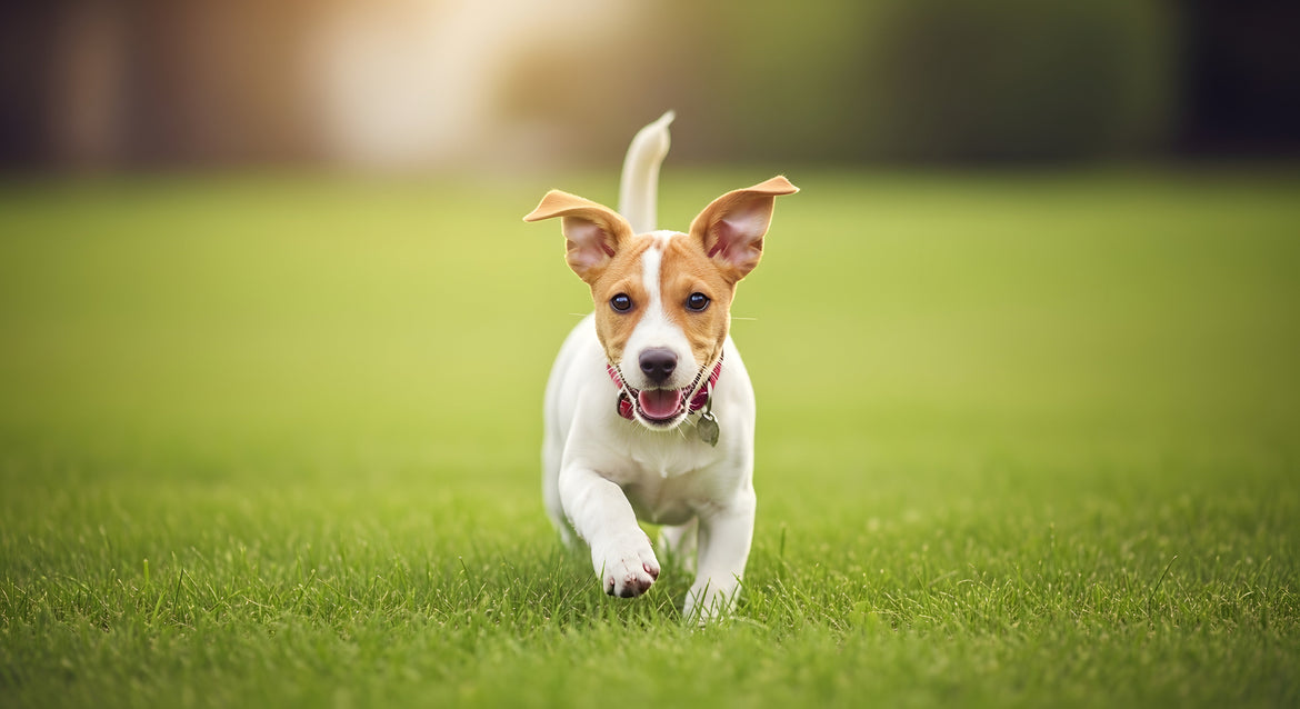 White and brown small dog running outside on grass
