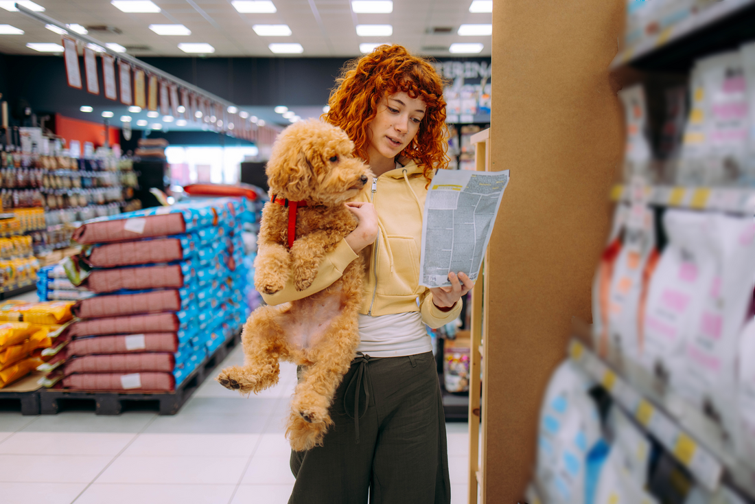 Woman holding dog shopping for dog products in pet store