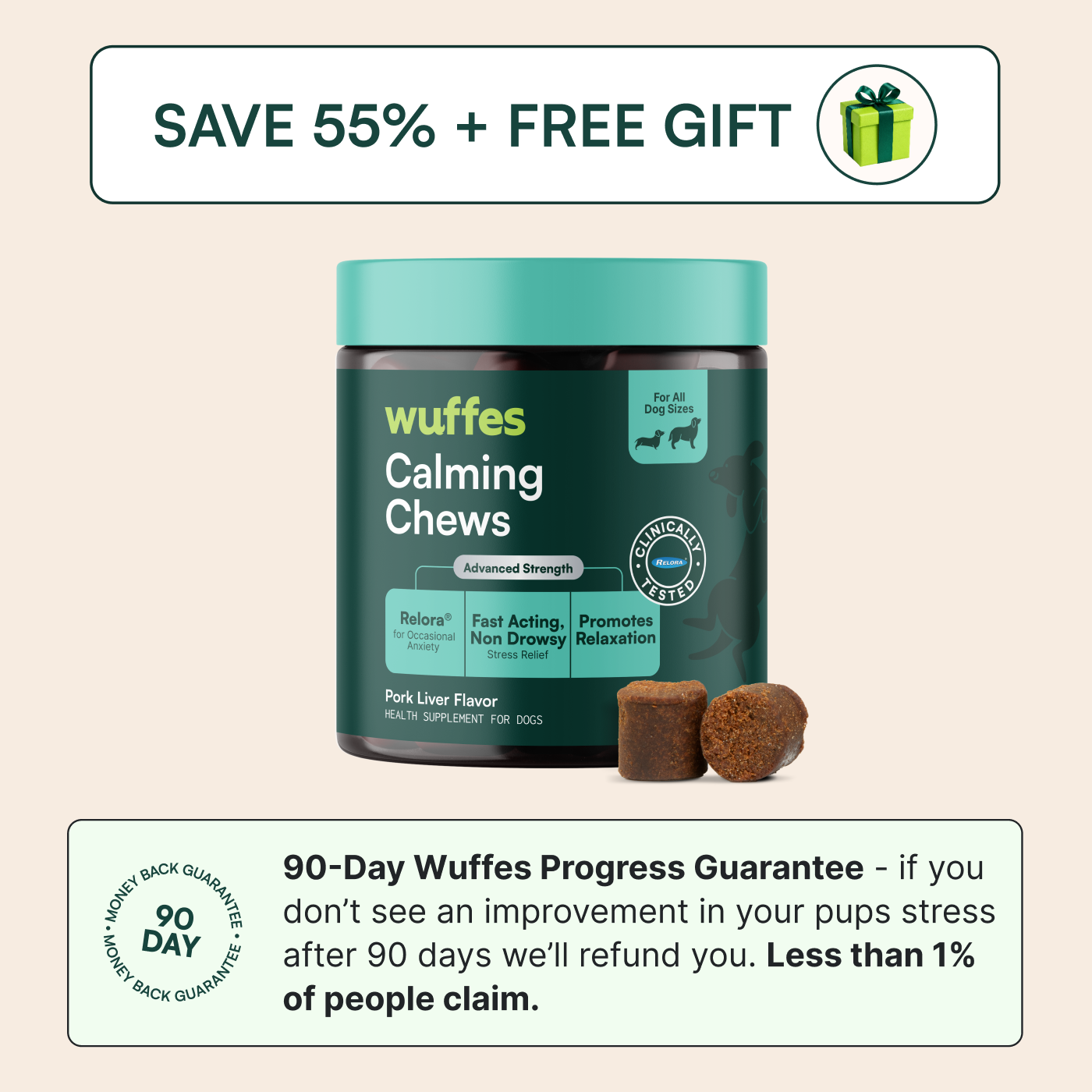 Jar of Wuffes Calming Chews for dogs with text about a 90-day refund guarantee and a discount offer