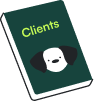 Closed book with dark green cover displaying the word "Clients" and a simple dog face illustration on it