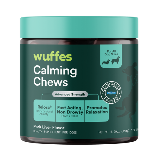 Container of Wuffes calming chews for dogs with pork liver flavor and anxiety relief claims