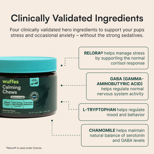Jar of Wuffes Calming Chews with text highlighting stress-relief ingredients and benefits for dogs
