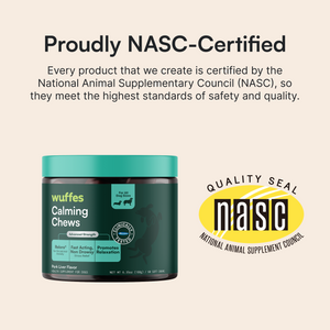 Container of calming chews for dogs with NASC certification quality seal beside it.