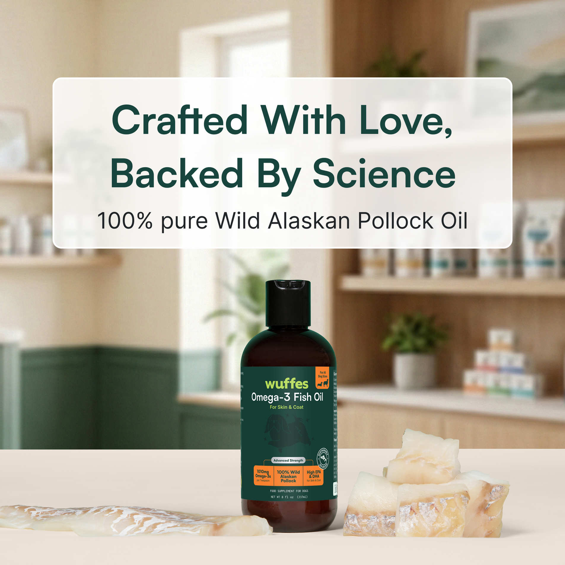 Bottle of omega-3 fish oil supplement with pollock fish pieces on kitchen counter background