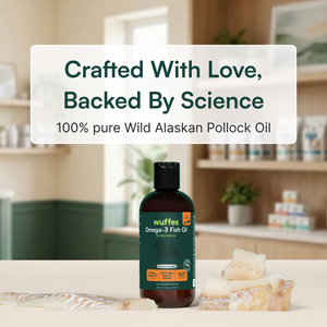 Bottle of omega-3 fish oil supplement with pollock fish pieces on kitchen counter background