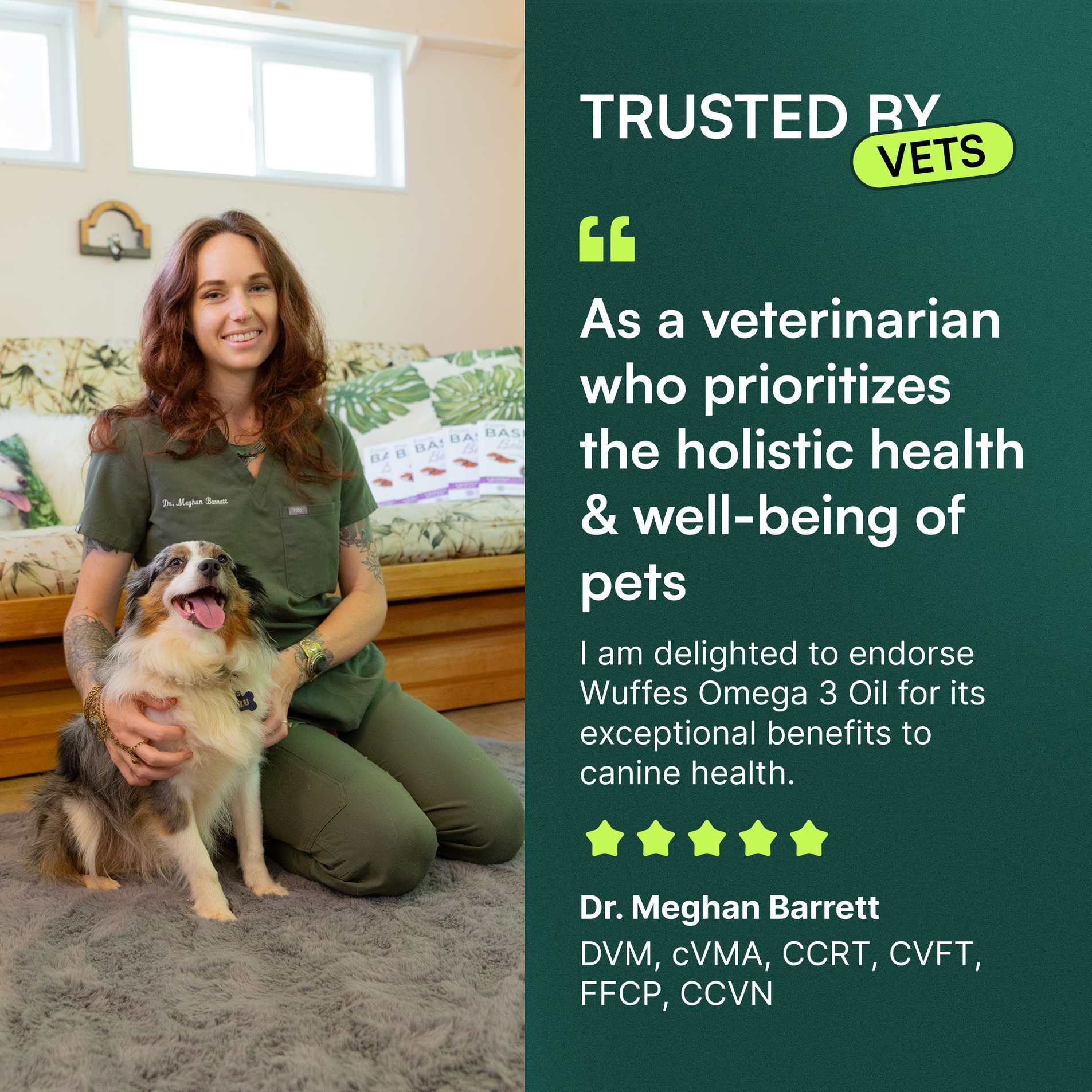 Veterinarian sitting with dog indoors beside a testimonial endorsing Omega 3 oil for canine health