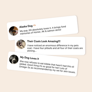 User testimonials about dog supplements improving coat shine, skin health, and enjoyment of salmon skins