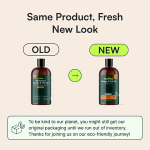 Comparison of old and new packaging designs for omega-3 fish oil supplement bottles with eco-friendly message.