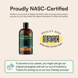 Bottle of Wuffes Omega-3 Fish Oil beside the NASC Quality Seal and eco-friendly packaging message