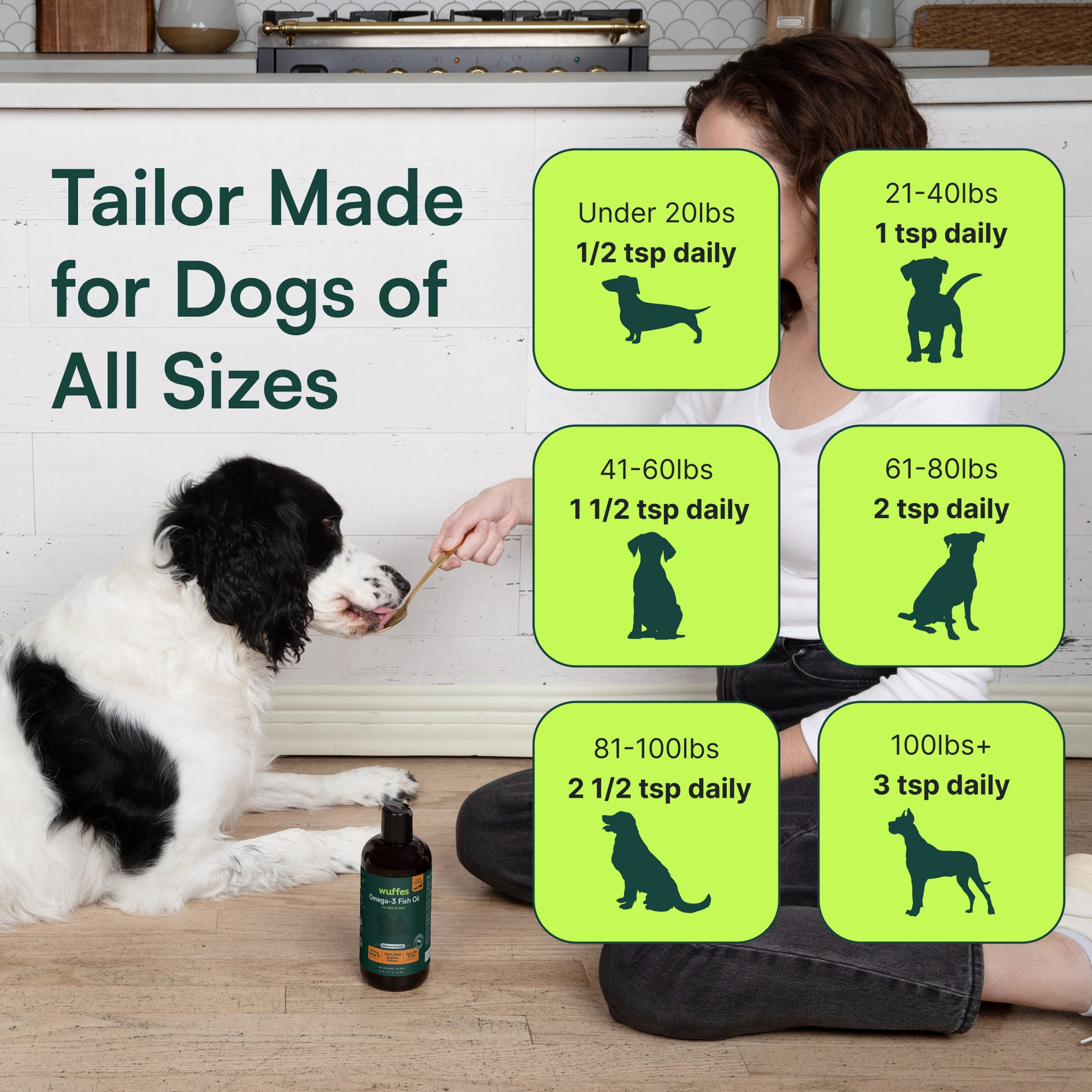 Woman feeding large black and white dog with dosage guide for dog supplements by weight